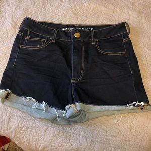Dark wash hi-rise shortie stretch shorts
